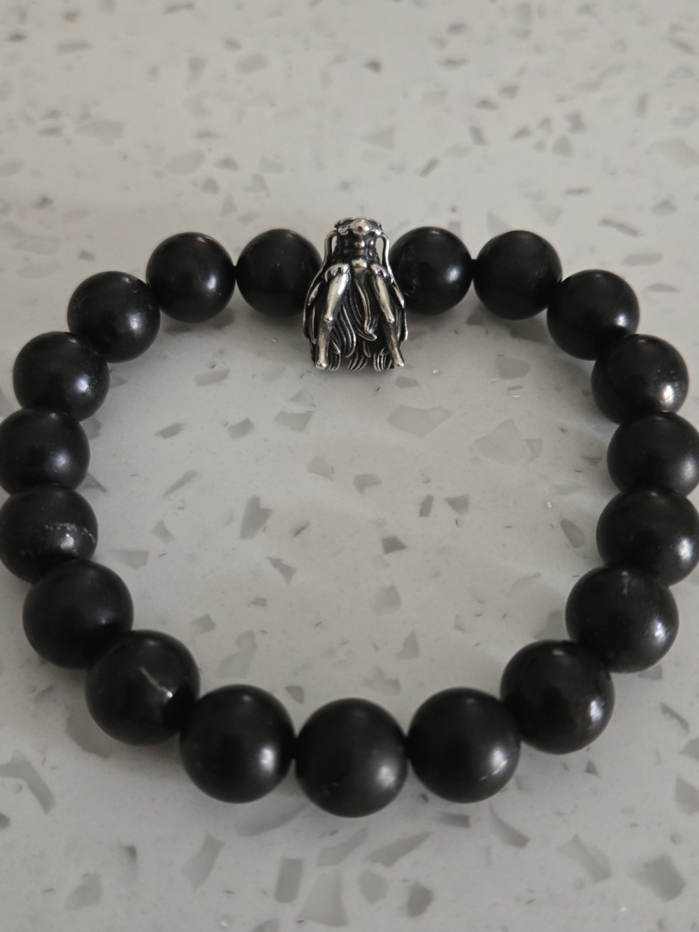 Shungite Beaded Stretch Bracelet with Silver Dragon Head
